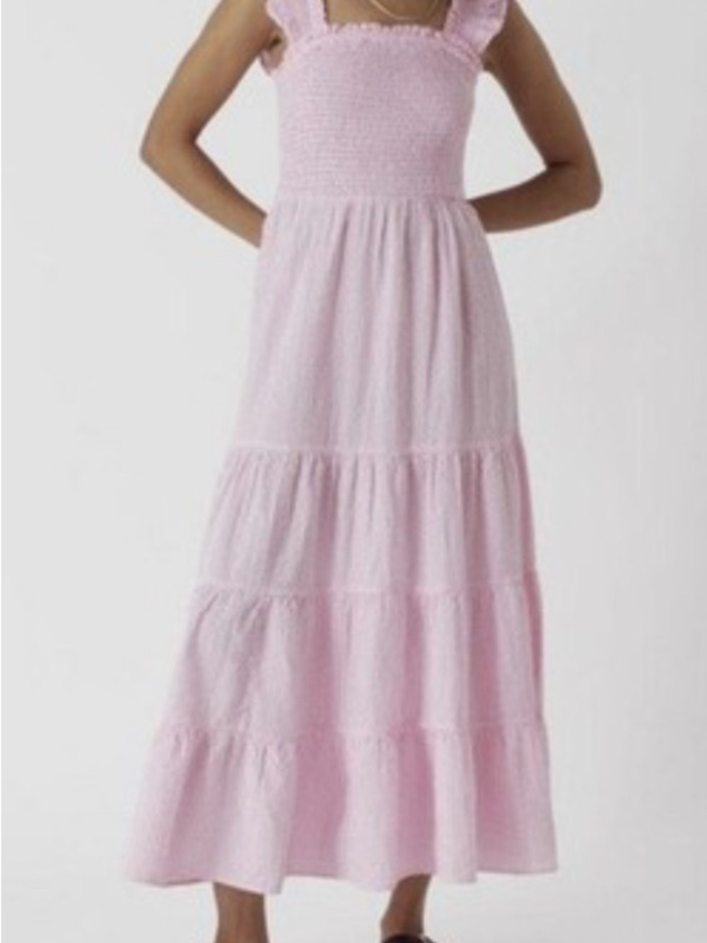 Hill House The Nap Dress Pink Gingham Cotton Ruffle Smocked Midi Sleeveless L